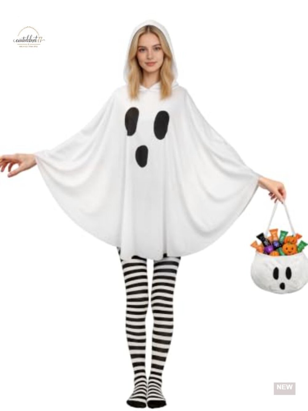Adult Ghost Costume Set Poncho Hooded Cape Candy Bag Tights Halloween